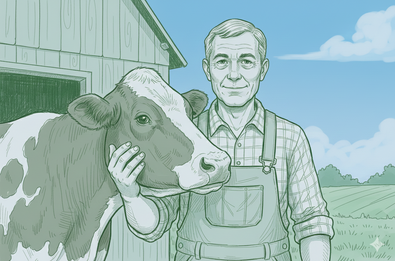 Eine Illustration eines Landwirts mit einer Kuh