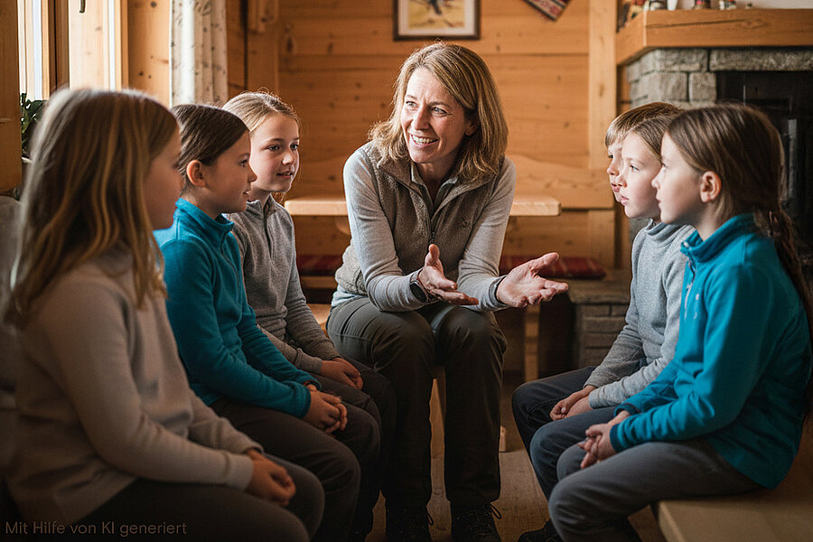 Eine Lehrerin sitzt mit Kindern in einer Hütte
