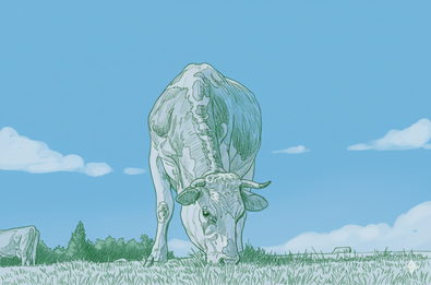 Eine Illustration einer Kuh auf einer Weide