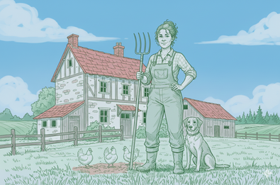 Eine Illustration einer Landwirtin vor einem Bauernhof