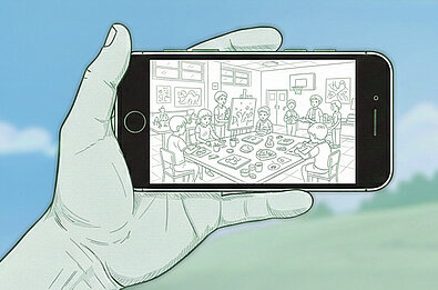 Eine Hand hält ein Smartphone. Darauf ist ein Klassenzimmer zu sehen