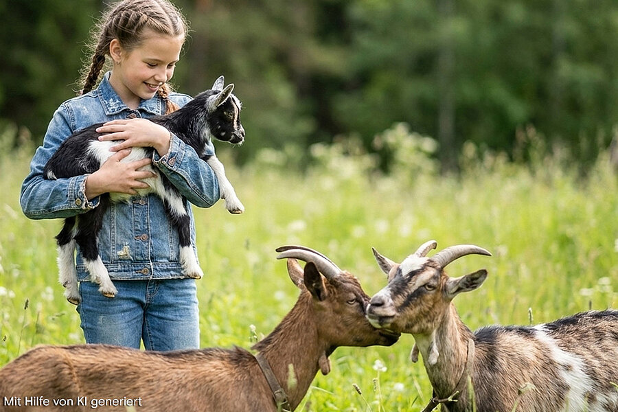 Ein Mädchen das eine Ziege hält