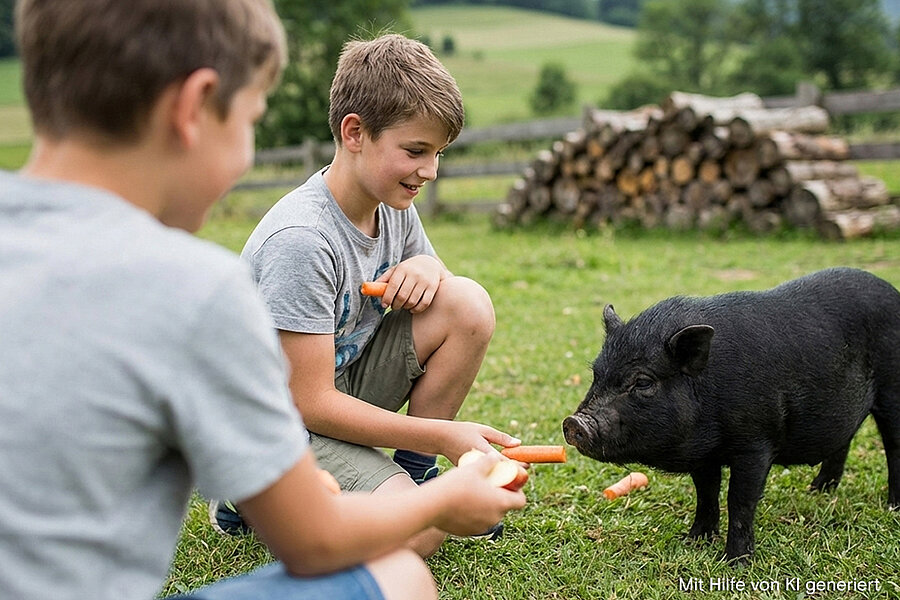 Ein Junge der ein Schwein füttert