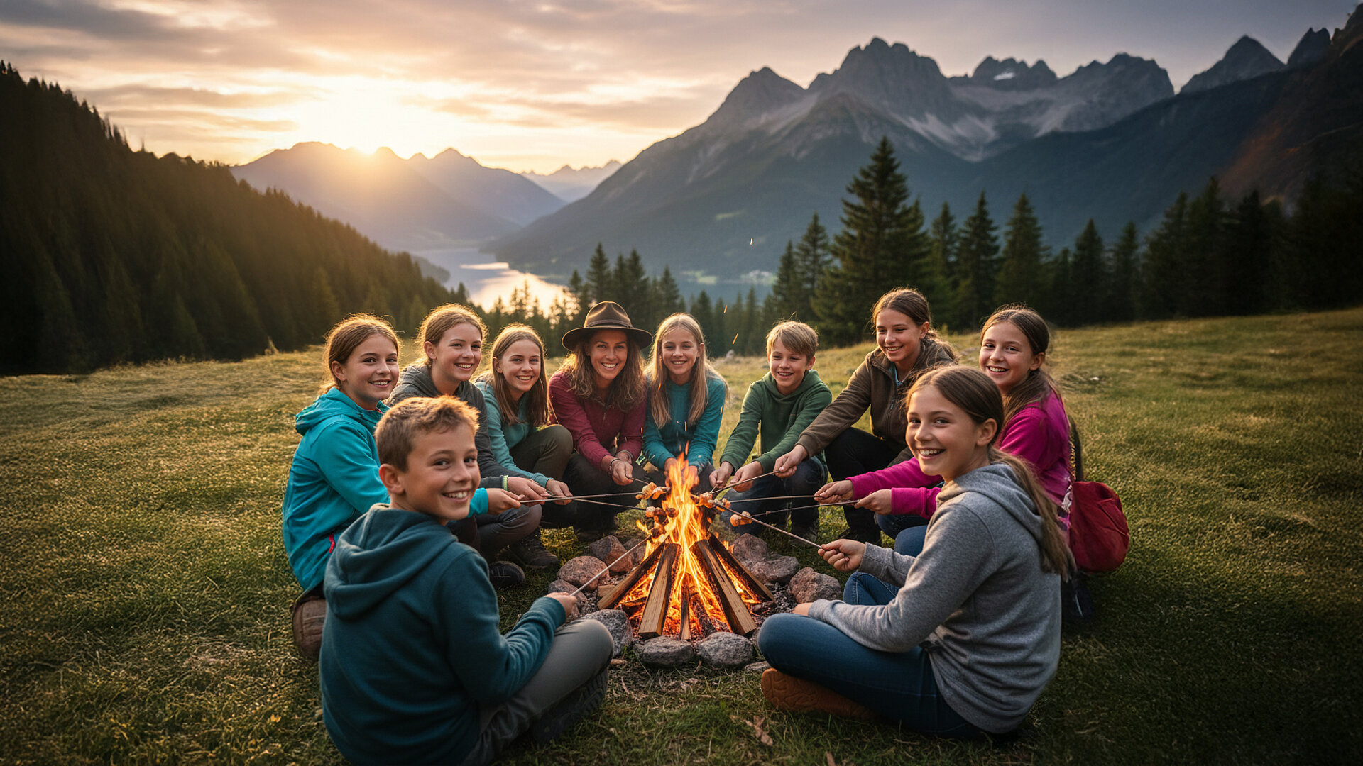 Ein Lagerfeuer um das Schülern sitzen