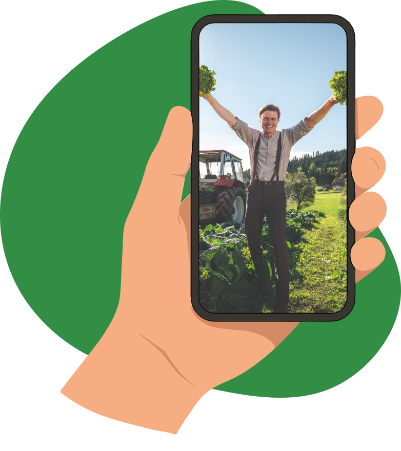 Eine Hand hält ein Smartphone, darauf ist der Ursprungsbauer